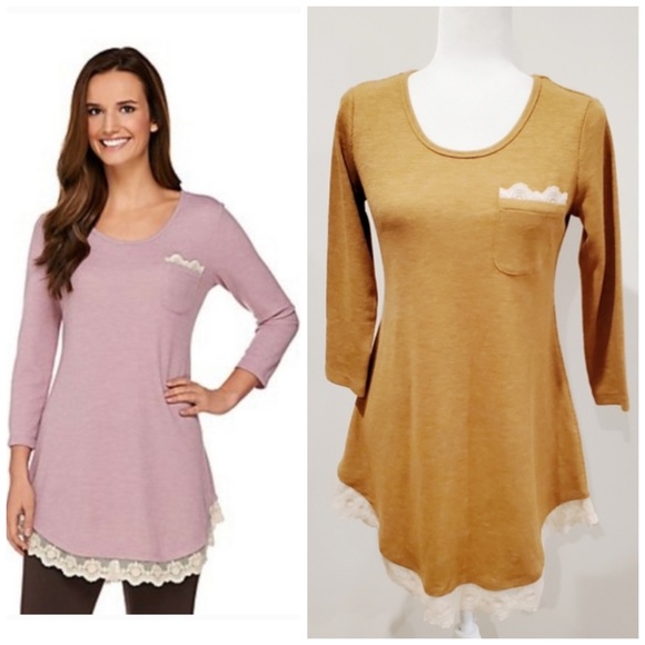 LOGO Tan Ribbed Top With Lace Detail Size Medium